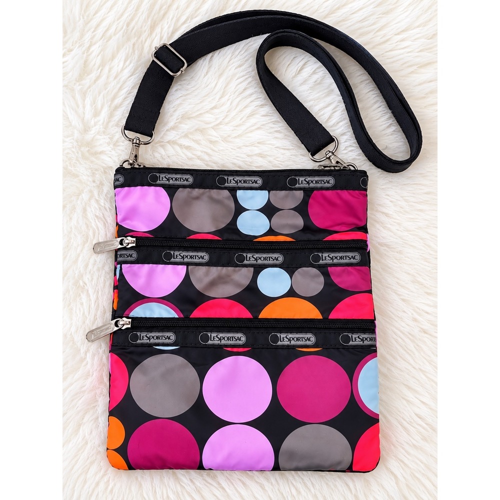 LeSportsac Polka Dot Crossbody Bag Black Multi Color Triple Zip Nylon Purse
